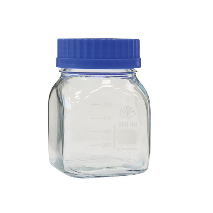 Frasco graduado con rosca GL 80 ISO 4796 borosilicato 3.3 con tapón PP azul