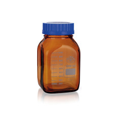 Frasco graduado ámbar con rosca ISO GL80 borosilicato 3.3 con tapón PP azul