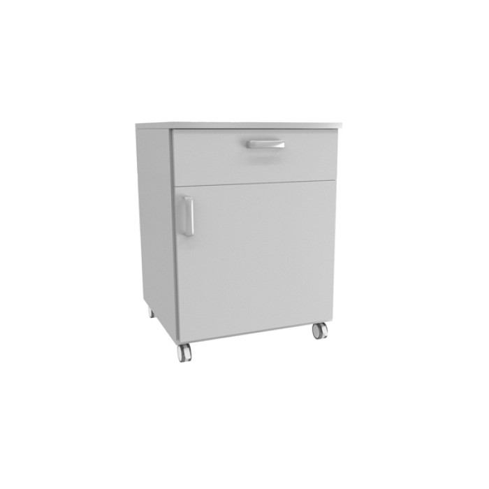 Mueble auxiliar de laboratorio con ruedas un cajón y una puerta