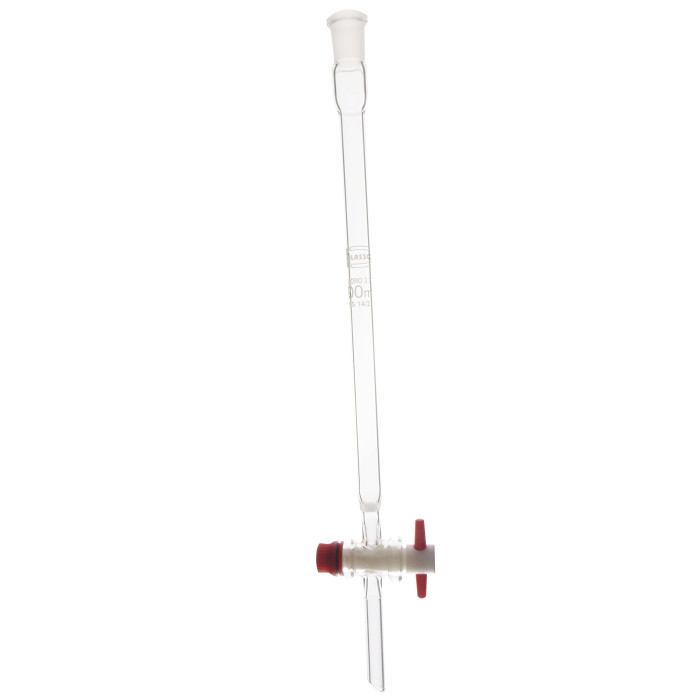Columna de vidrio para cromatografía borosilicato 3.3 con llave de paso PTFE y frita sinterizada
