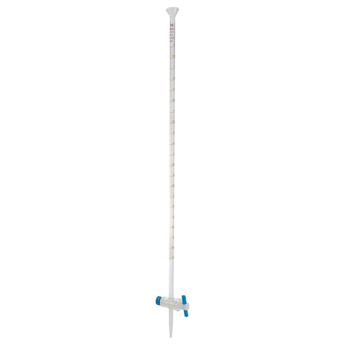 Bureta clase A con llave recta PTFE y franja Schellbach boca embudo ISO 385