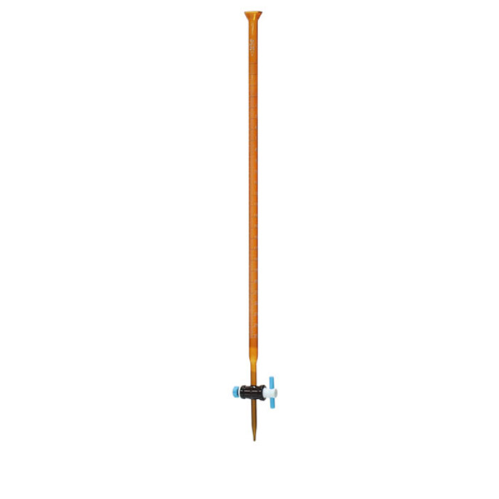 Bureta ámbar 25/50 ml llave PTFE recta clase A boca embudo borosilicato