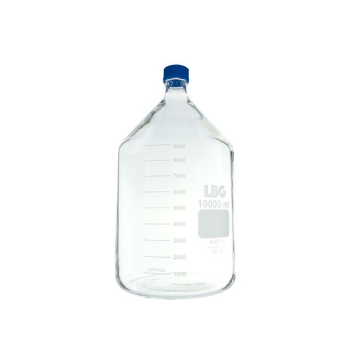 Frasco graduado borosilicato 3.3 gran formato rosca GL 45 ISO 4796 con tapón PP azul