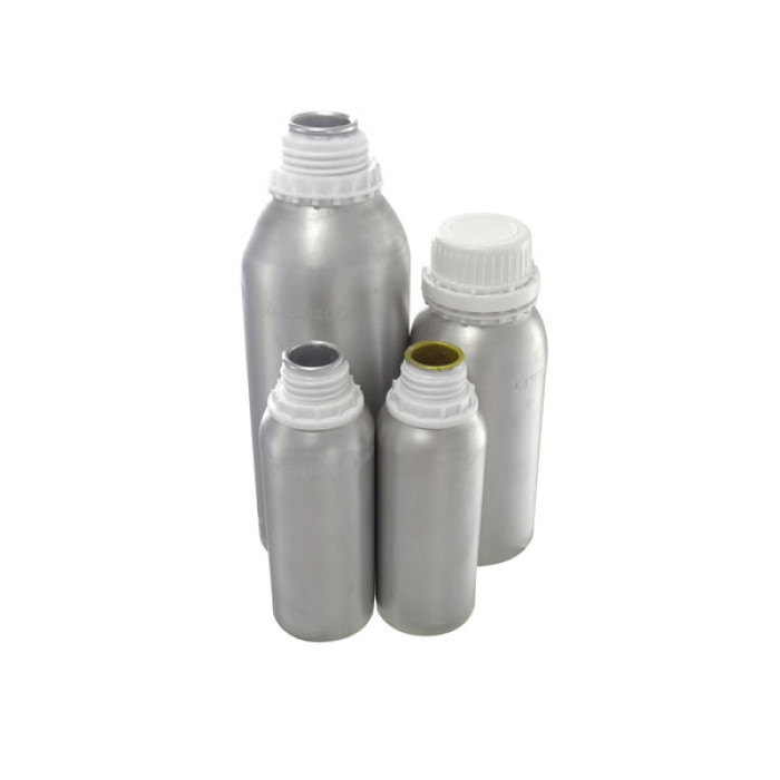 Frasco de aluminio puro 99,5% monobloc con tapón PP y obturador antigoteo HDPE homologación UN