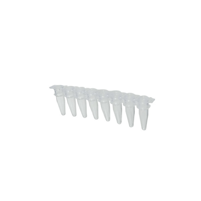 Tiras de 8 microtubos para qPCR pared fina polipropileno USP VI con tapones ópticos planos