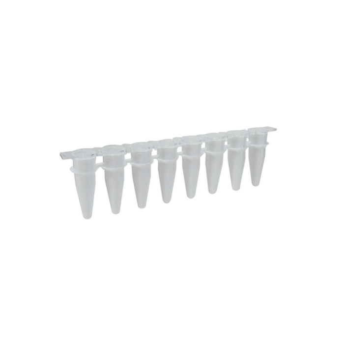 Tiras de 8 microtubos para qPCR pared fina polipropileno USP VI con tapones ópticos planos