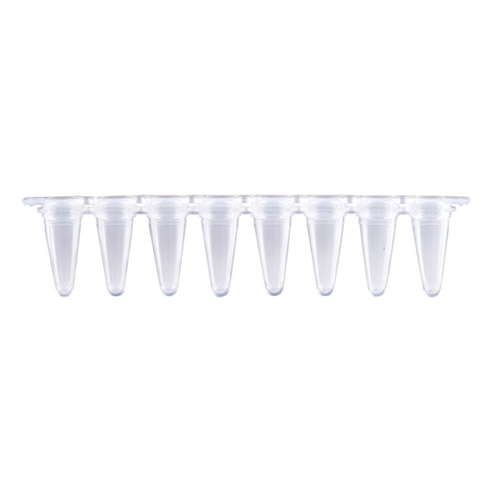 Tiras de 8 microtubos para qPCR pared fina polipropileno USP VI con tapones ópticos planos