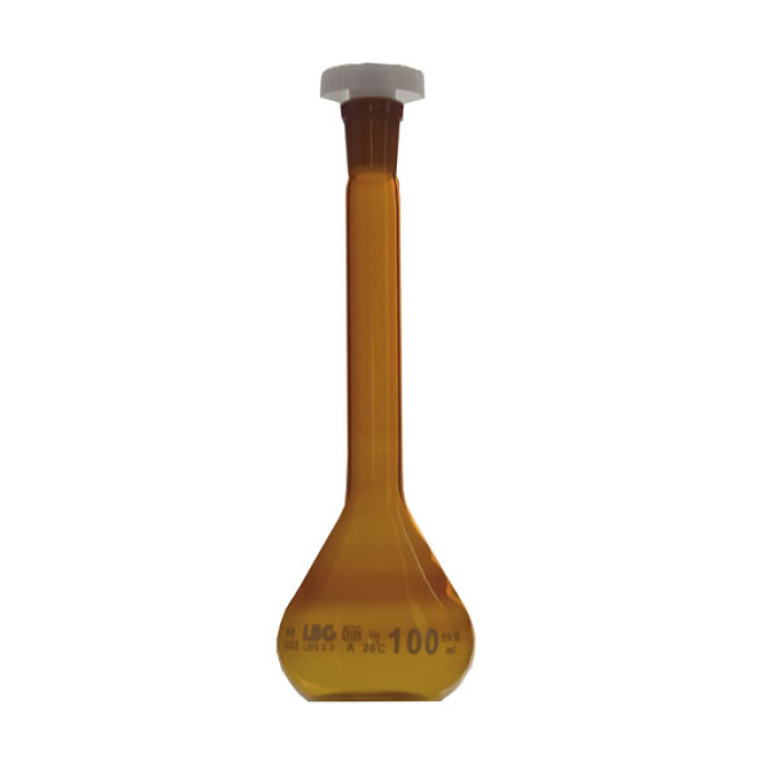 Matraz aforado ámbar clase A borosilicato LBG 3.3 tapón PE ISO 1042