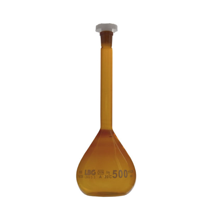 Matraz aforado ámbar clase A borosilicato LBG 3.3 tapón PE ISO 1042