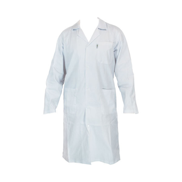 Bata de laboratorio hombre cuello solapa botones a presión blancos 6 cierres