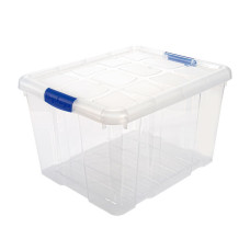 Caja de almacenaje PP transparente con tapa y cierres laterales apilable