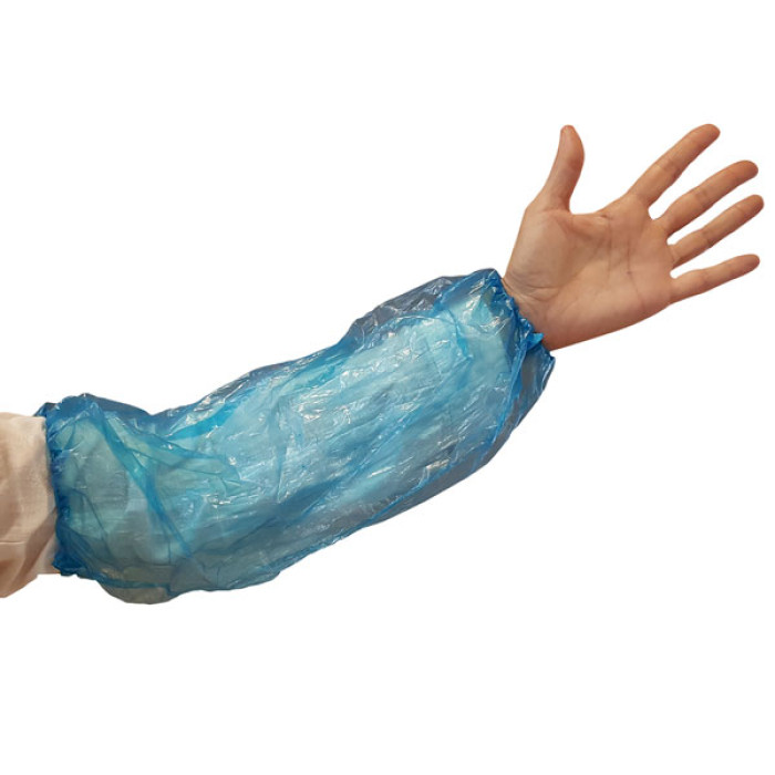 Manguito desechable LDPE azul 40x20 cm libre de látex con goma elástica