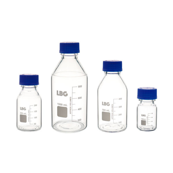Frasco graduado borosilicato 3.3 rosca GL 45 ISO 4796 con tapón PP autoclavable