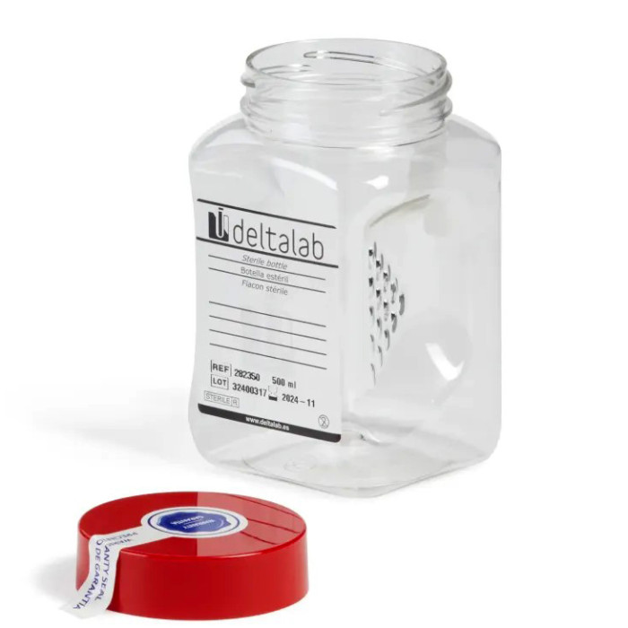 Frascos PET estériles por radiación para toma de muestras de agua 500 ml y 1000 ml con tapón PP