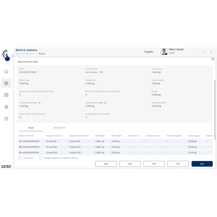 KERN EasyTouch SET-16 Batch and Statistics